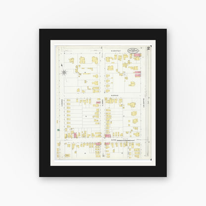 Old map wall art mockup — black gallery frame with white mat — Sanborn Fire Insurance Map from Goldsboro, Wayne County, North Carolina (1908), Sheet #0002