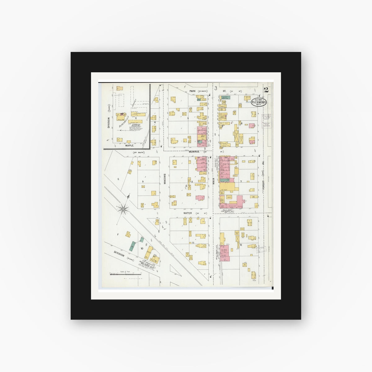 Old map wall art mockup — black gallery frame with white mat — Sanborn Fire Insurance Map from Richmond, Macomb County, Michigan (1900), Sheet #0002