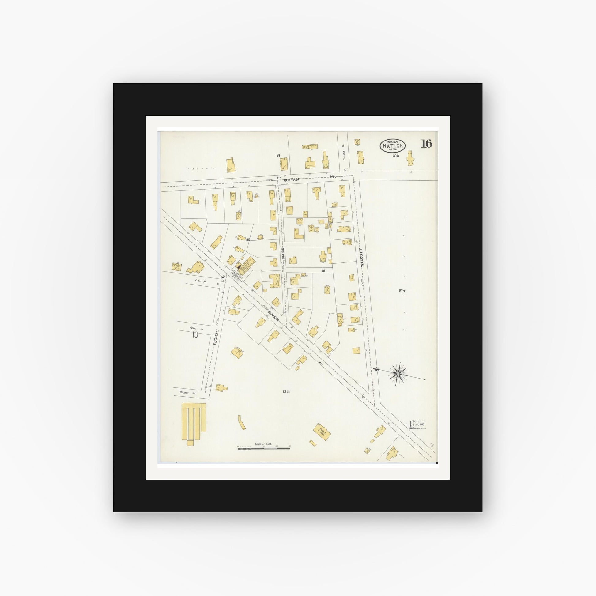Old map wall art mockup — black gallery frame with white mat — Sanborn Fire Insurance Map from Natick, Middlesex County, Massachusetts (1904), Sheet #0016