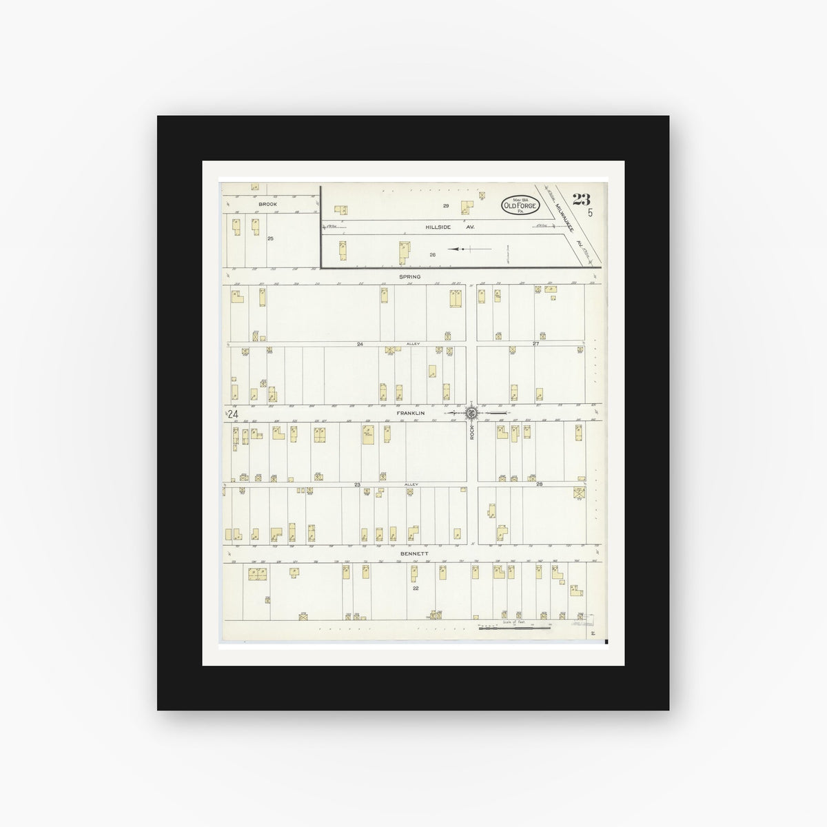 Old map wall art mockup — black gallery frame with white mat — Sanborn Fire Insurance Map from Old Forge, Lackawanna County, Pennsylvania (1914), Sheet #0023