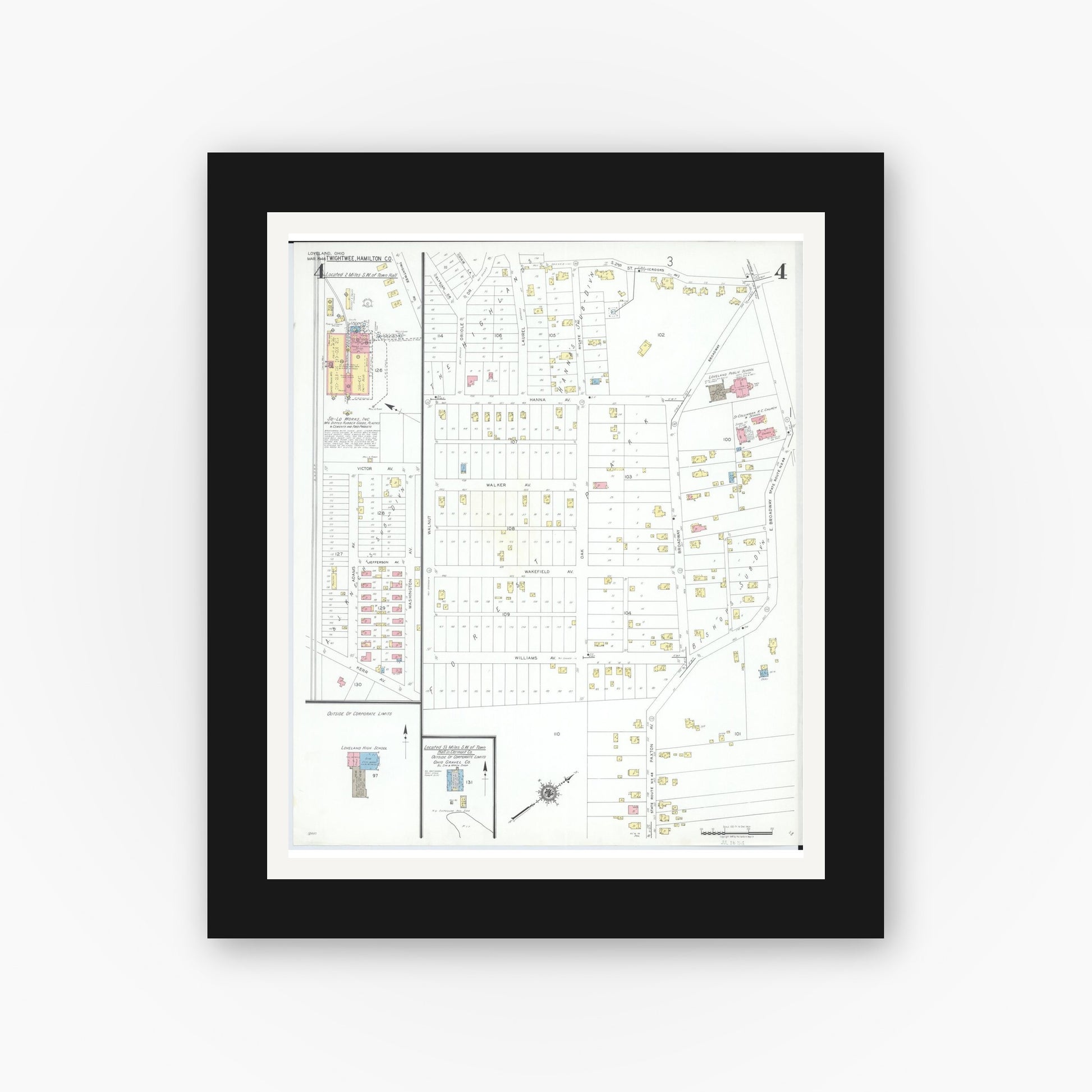 Old map wall art mockup — black gallery frame with white mat — Sanborn Fire Insurance Map from Loveland, Clermont, Hamilton, And Warren County, Ohio (1946), Sheet #0004