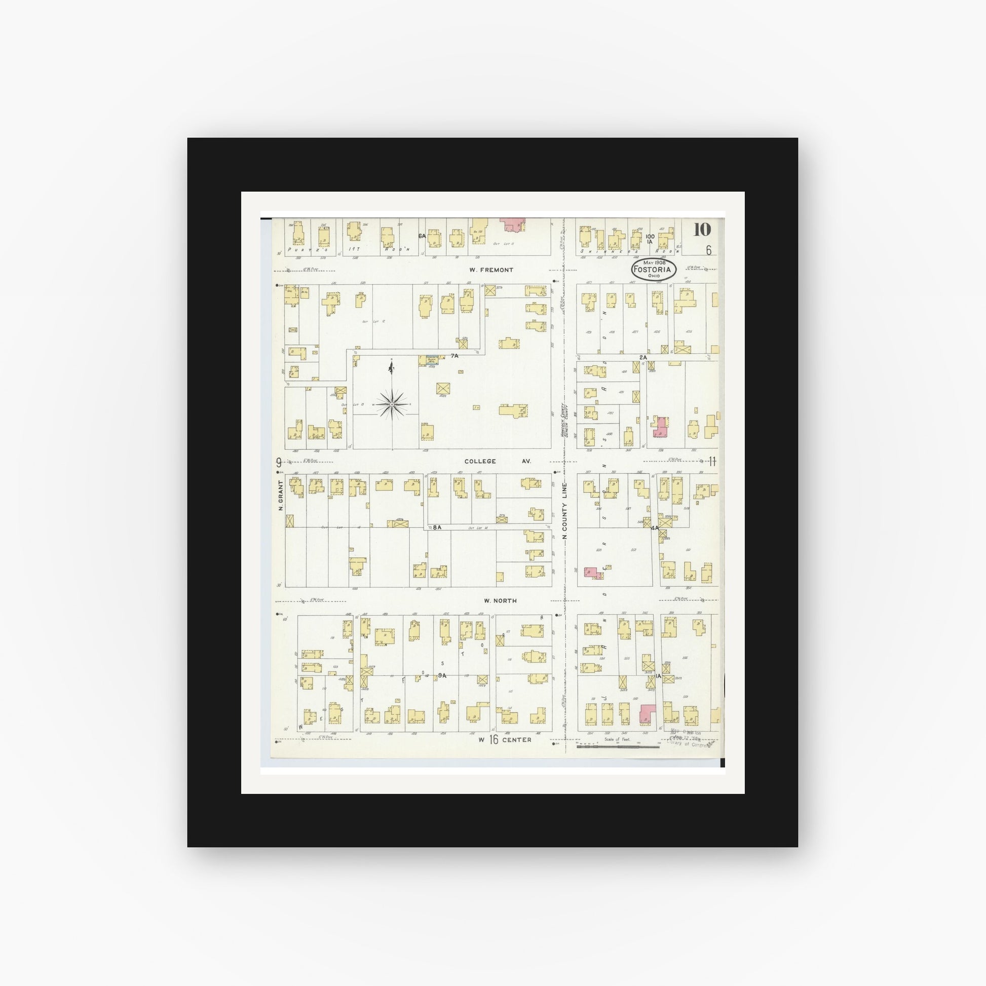 Old map wall art mockup — black gallery frame with white mat — Sanborn Fire Insurance Map from Fostoria, Seneca, Hancock, And Wood Counties, Ohio (1908), Sheet #0010