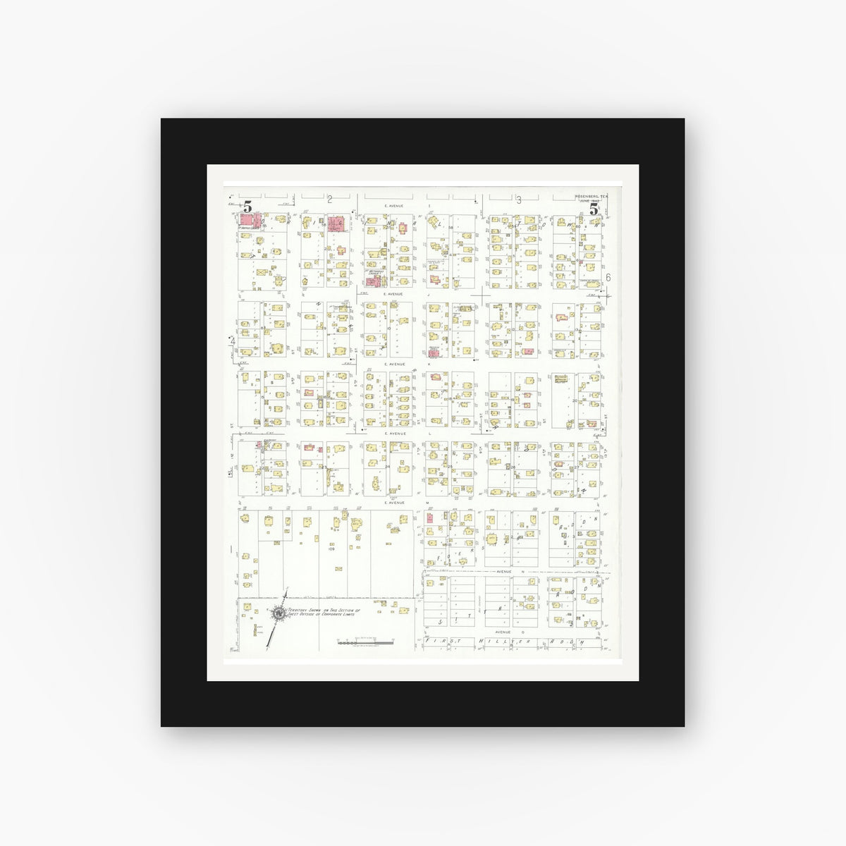 Old map wall art mockup — black gallery frame with white mat — Sanborn Fire Insurance Map from Rosenberg, Fort Bend County, Texas (1942), Sheet #0005