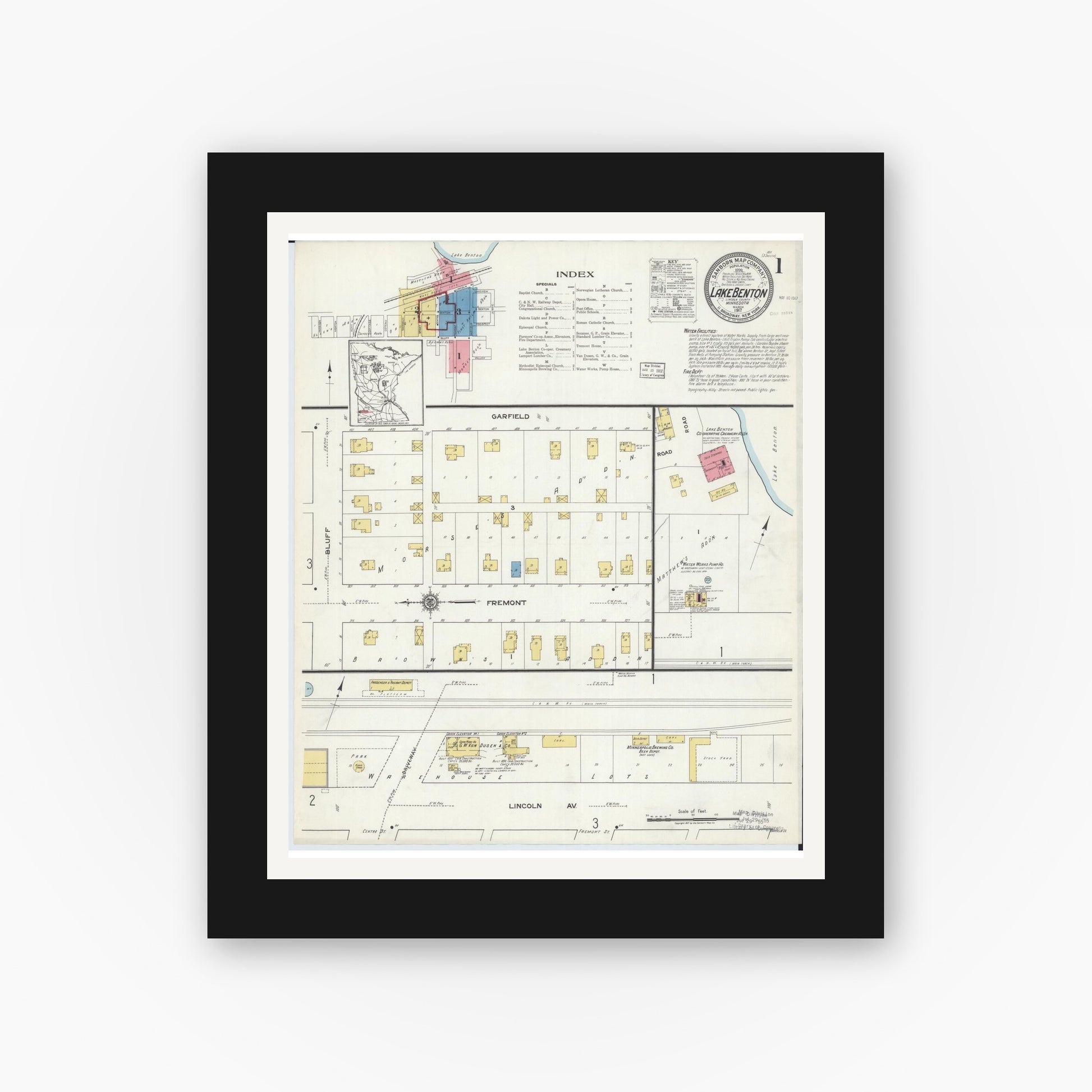 Old map wall art mockup — black gallery frame with white mat — Sanborn Fire Insurance Map from Lake Benton, Lincoln County, Minnesota (1917), Sheet #0001