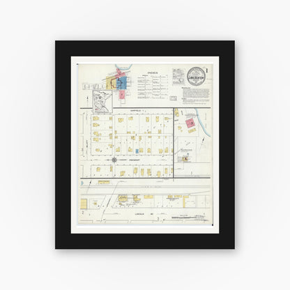 Old map wall art mockup — black gallery frame with white mat — Sanborn Fire Insurance Map from Lake Benton, Lincoln County, Minnesota (1917), Sheet #0001