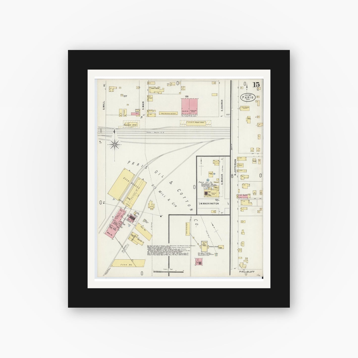 Old map wall art mockup — black gallery frame with white mat — Sanborn Fire Insurance Map from Paris, Lamar County, Texas (1897), Sheet #0015