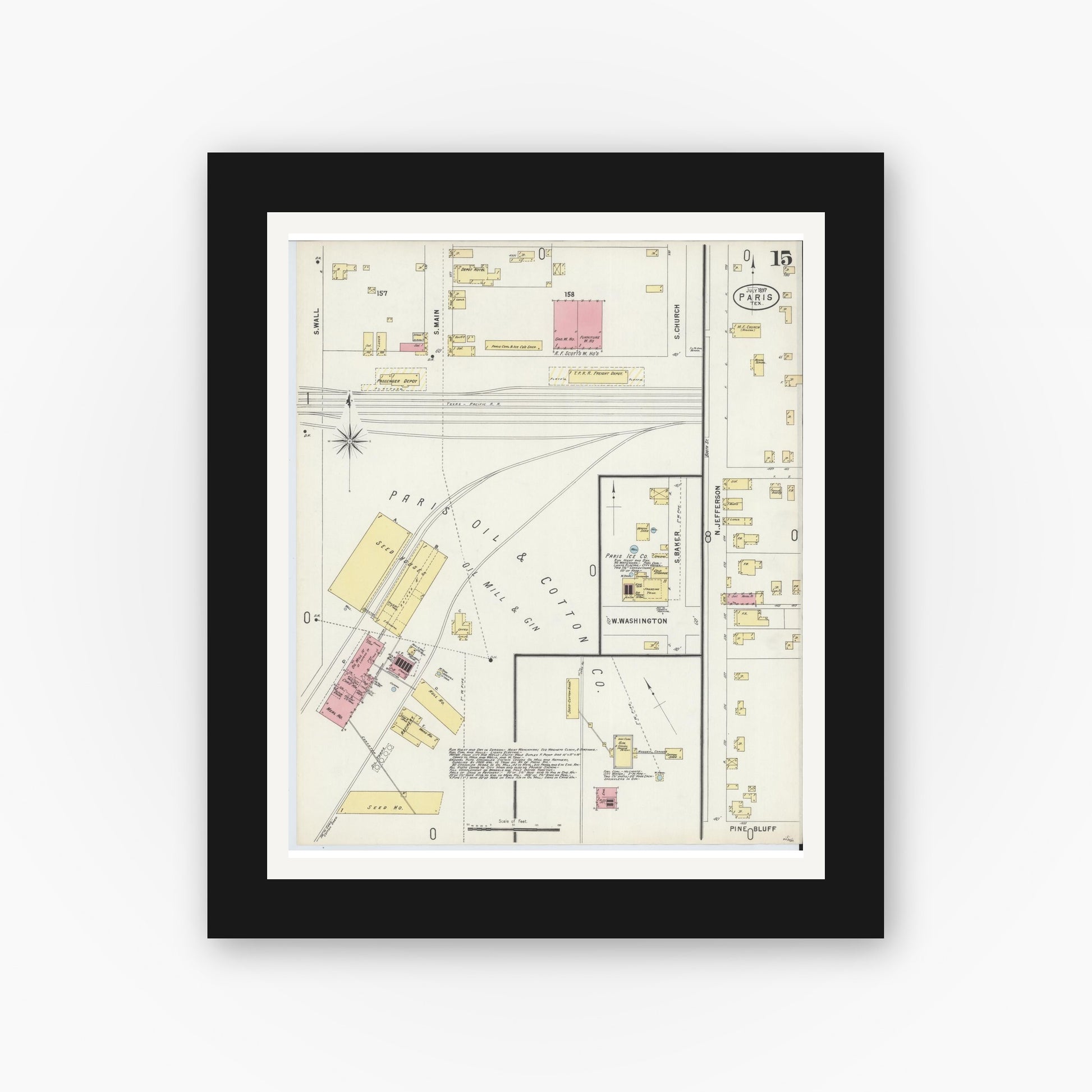 Old map wall art mockup — black gallery frame with white mat — Sanborn Fire Insurance Map from Paris, Lamar County, Texas (1897), Sheet #0015