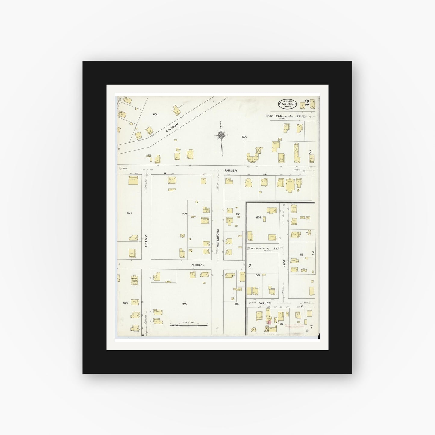 Old map wall art mockup — black gallery frame with white mat — Sanborn Fire Insurance Map from Gardner, Worcester County, Massachusetts (1909), Sheet #0002