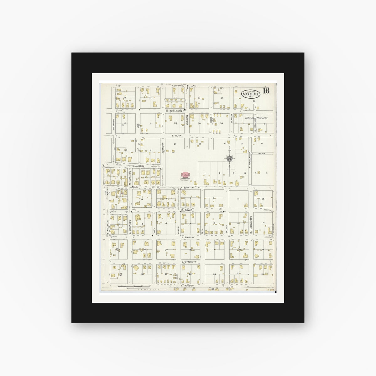 Old map wall art mockup — black gallery frame with white mat — Sanborn Fire Insurance Map from Marshall, Harrison County, Texas (1915), Sheet #0016