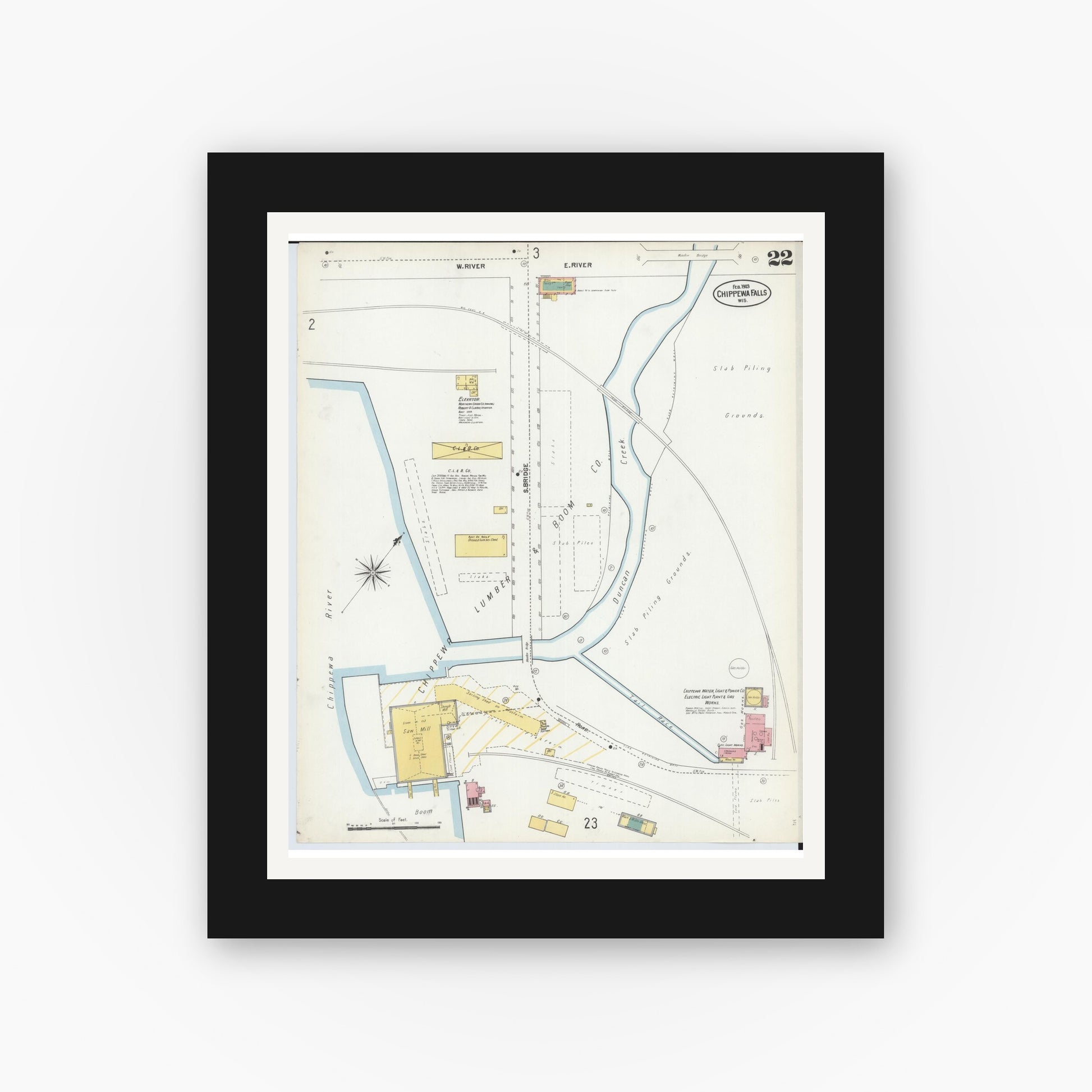 Old map wall art mockup — black gallery frame with white mat — Sanborn Fire Insurance Map from Chippewa Falls, Chippewa County, Wisconsin (1903), Sheet #0022