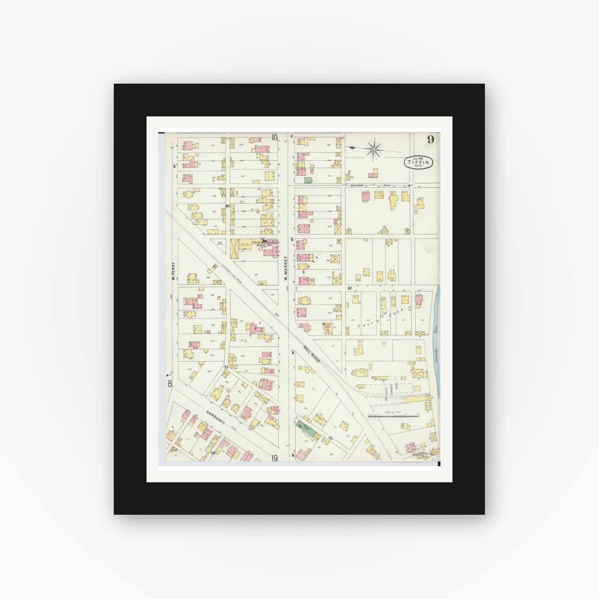 Old map wall art mockup — black gallery frame with white mat — Sanborn Fire Insurance Map from Tiffin, Seneca County, Ohio (1896), Sheet #0009