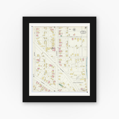 Old map wall art mockup — black gallery frame with white mat — Sanborn Fire Insurance Map from Tiffin, Seneca County, Ohio (1896), Sheet #0009