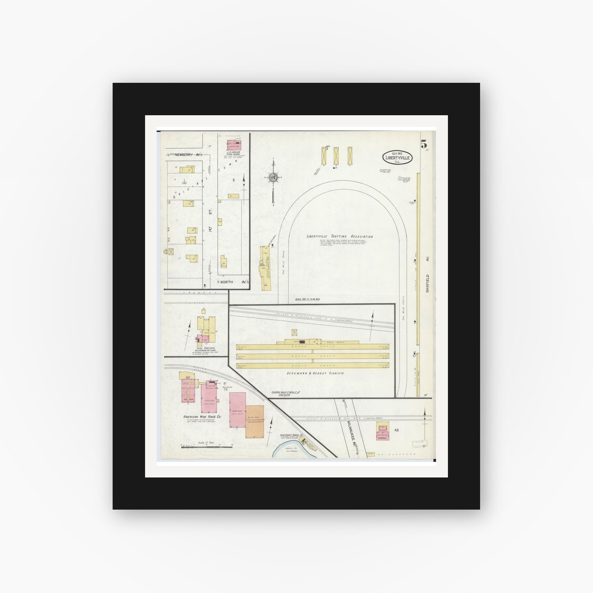 Old map wall art mockup — black gallery frame with white mat — Sanborn Fire Insurance Map from Libertyville, Lake County, Illinois (1912), Sheet #0005
