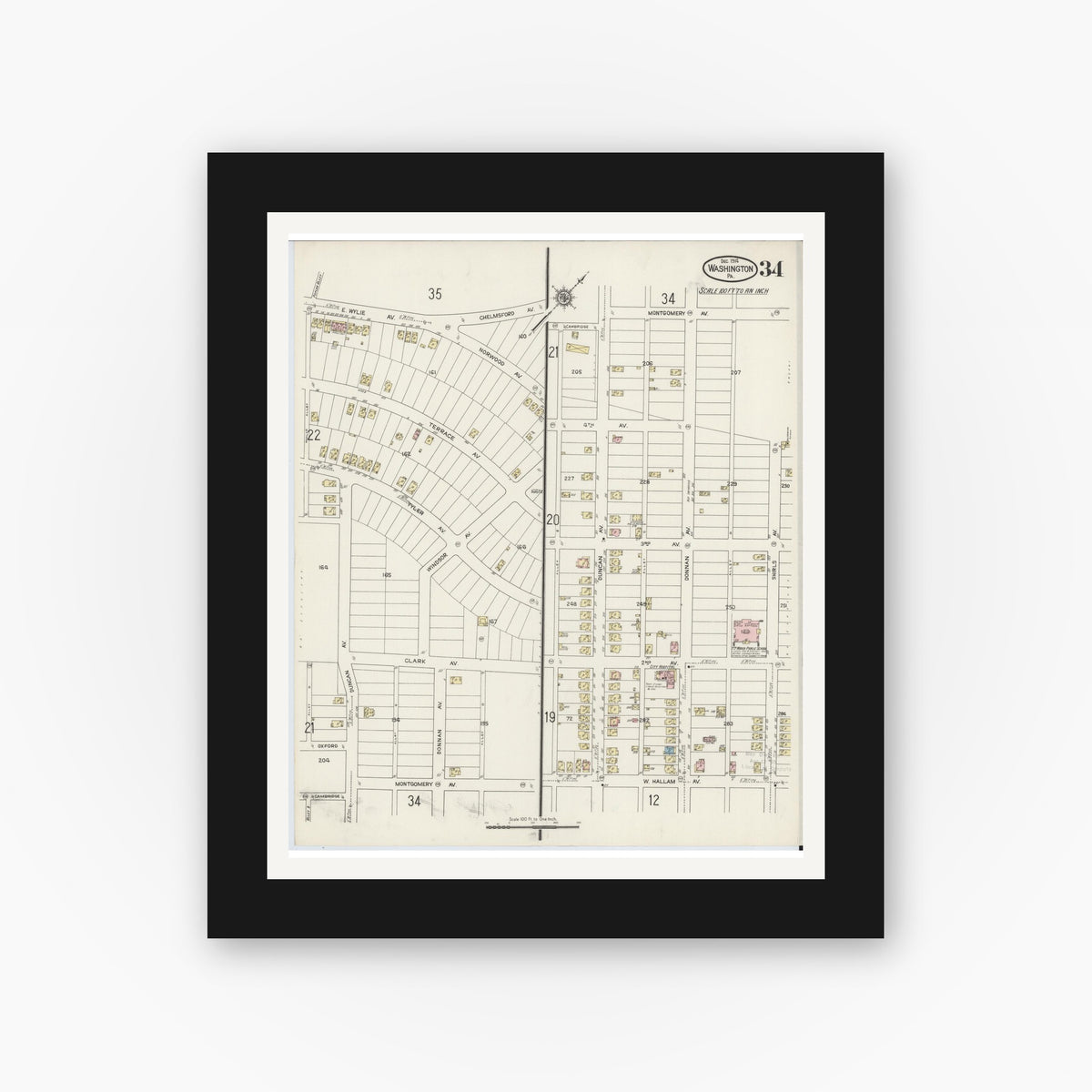 Old map wall art mockup — black gallery frame with white mat — Sanborn Fire Insurance Map from Washington, Washington County, Pennsylvania (1914), Sheet #0034