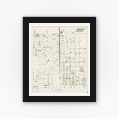 Old map wall art mockup — black gallery frame with white mat — Sanborn Fire Insurance Map from Washington, Washington County, Pennsylvania (1914), Sheet #0034