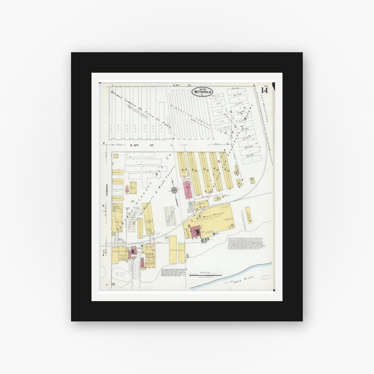 Old map wall art mockup — black gallery frame with white mat — Sanborn Fire Insurance Map from Metropolis, Massac County, Illinois (1921), Sheet #0014