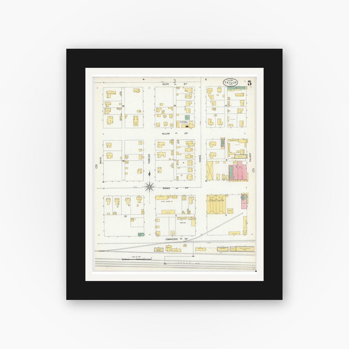 Old map wall art mockup — black gallery frame with white mat — Sanborn Fire Insurance Map from Taylor, Williamson County, Texas (1904), Sheet #0005