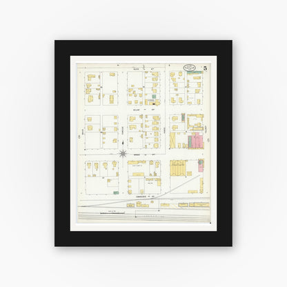 Old map wall art mockup — black gallery frame with white mat — Sanborn Fire Insurance Map from Taylor, Williamson County, Texas (1904), Sheet #0005