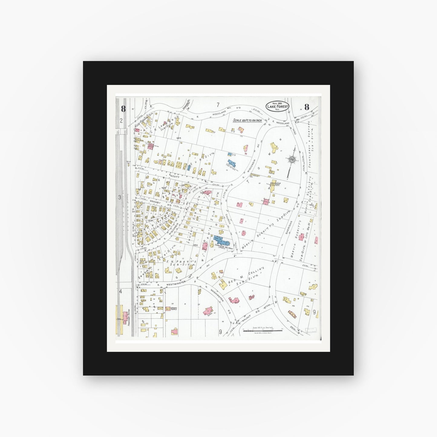 Old map wall art mockup — black gallery frame with white mat — Sanborn Fire Insurance Map from Lake Forest, Lake County, Illinois (1926), Sheet #0008