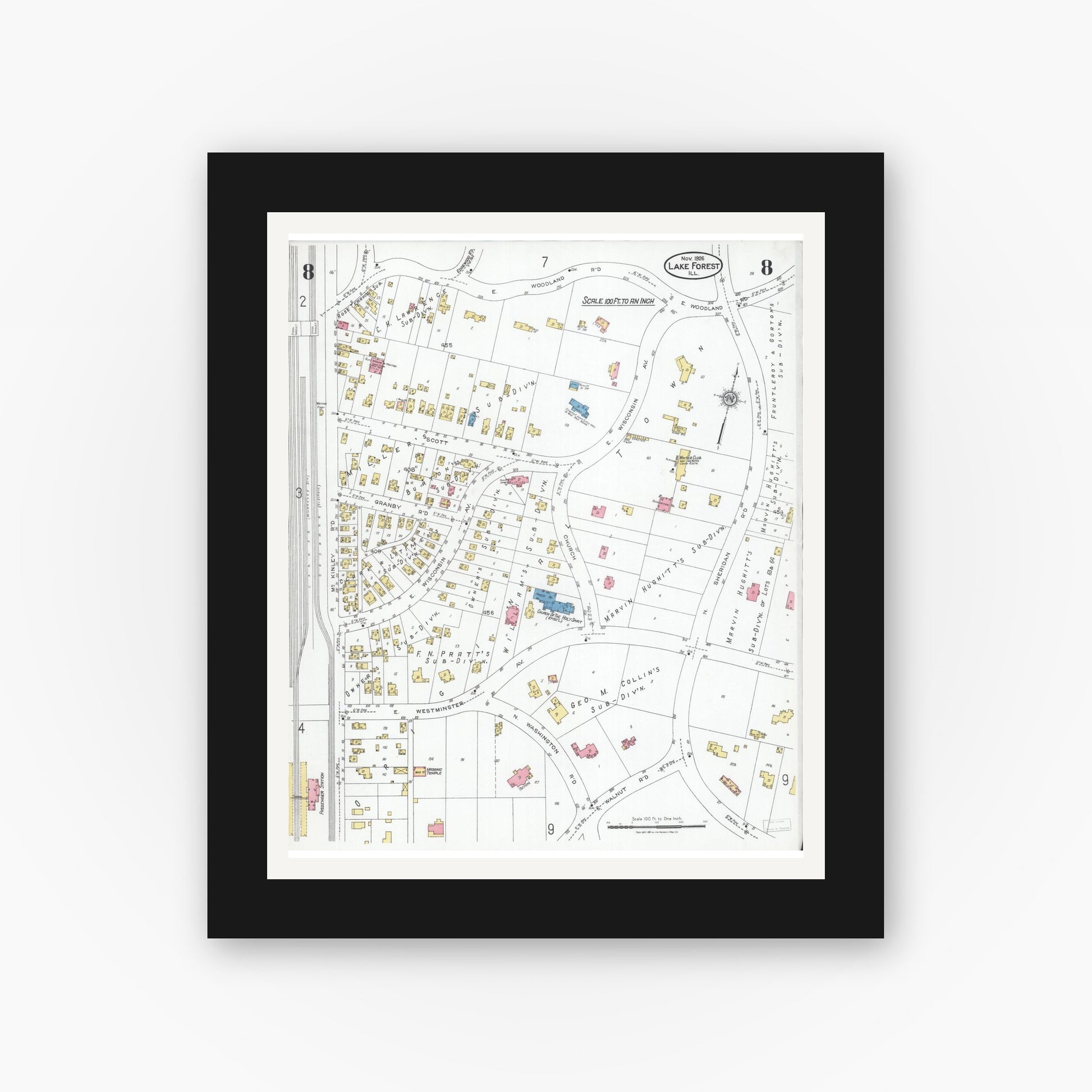 Old map wall art mockup — black gallery frame with white mat — Sanborn Fire Insurance Map from Lake Forest, Lake County, Illinois (1926), Sheet #0008