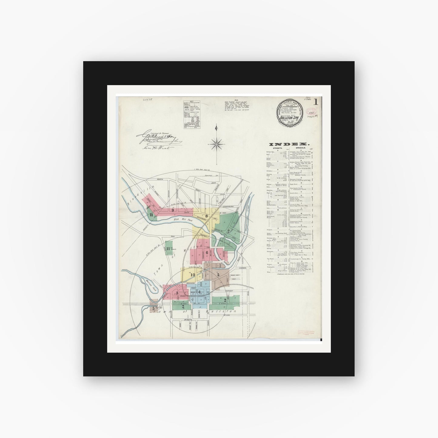 Old map wall art mockup — black gallery frame with white mat — Sanborn Fire Insurance Map from Ballston Spa, Saratoga County, New York (1897) - Complete Map Set