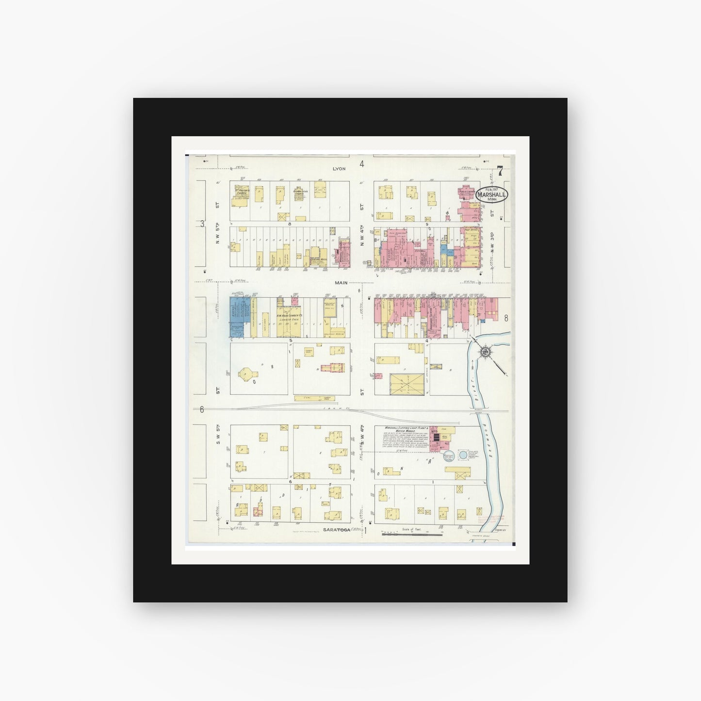 Old map wall art mockup — black gallery frame with white mat — Sanborn Fire Insurance Map from Marshall, Lyon County, Minnesota (1917), Sheet #0007