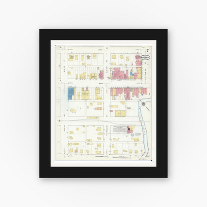 Old map wall art mockup — black gallery frame with white mat — Sanborn Fire Insurance Map from Marshall, Lyon County, Minnesota (1917), Sheet #0007