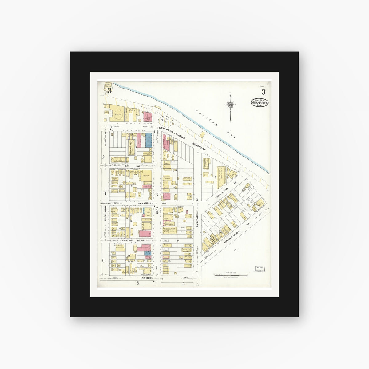 Old map wall art mockup — black gallery frame with white mat — Sanborn Fire Insurance Map from Keansburg, Monmouth County, New Jersey (1923), Sheet #0003