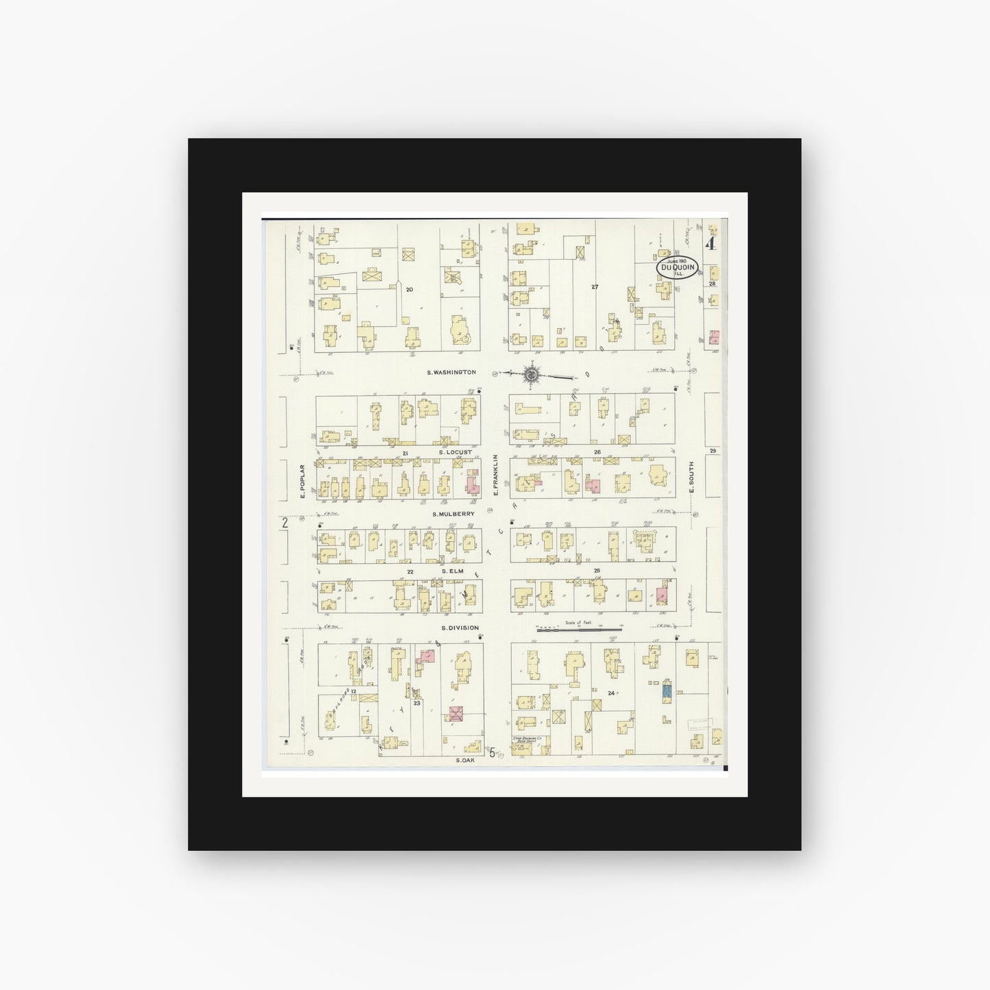 Old map wall art mockup — black gallery frame with white mat — Sanborn Fire Insurance Map from Du Quoin, Perry County, Illinois (1910), Sheet #0004