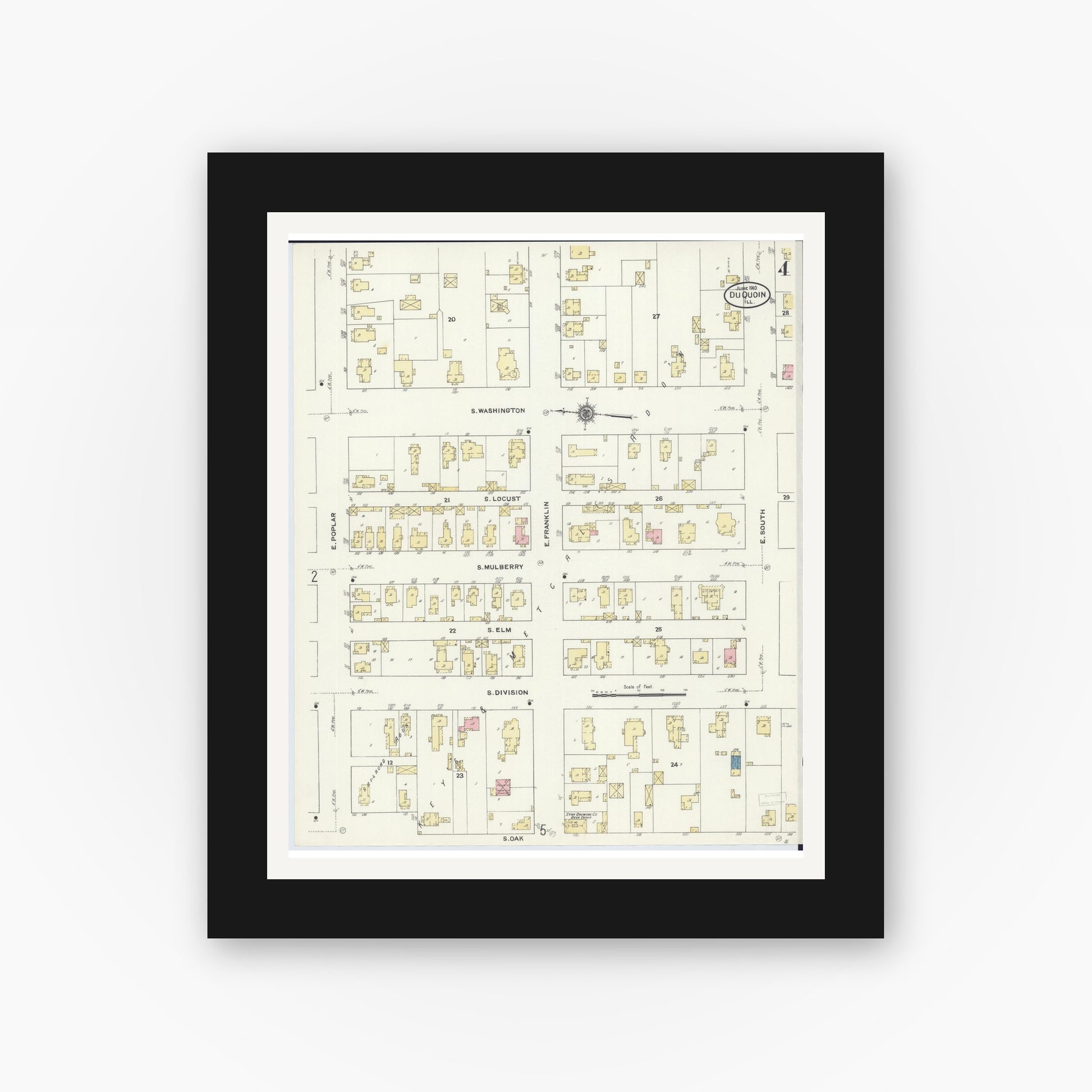 Old map wall art mockup — black gallery frame with white mat — Sanborn Fire Insurance Map from Du Quoin, Perry County, Illinois (1910), Sheet #0004