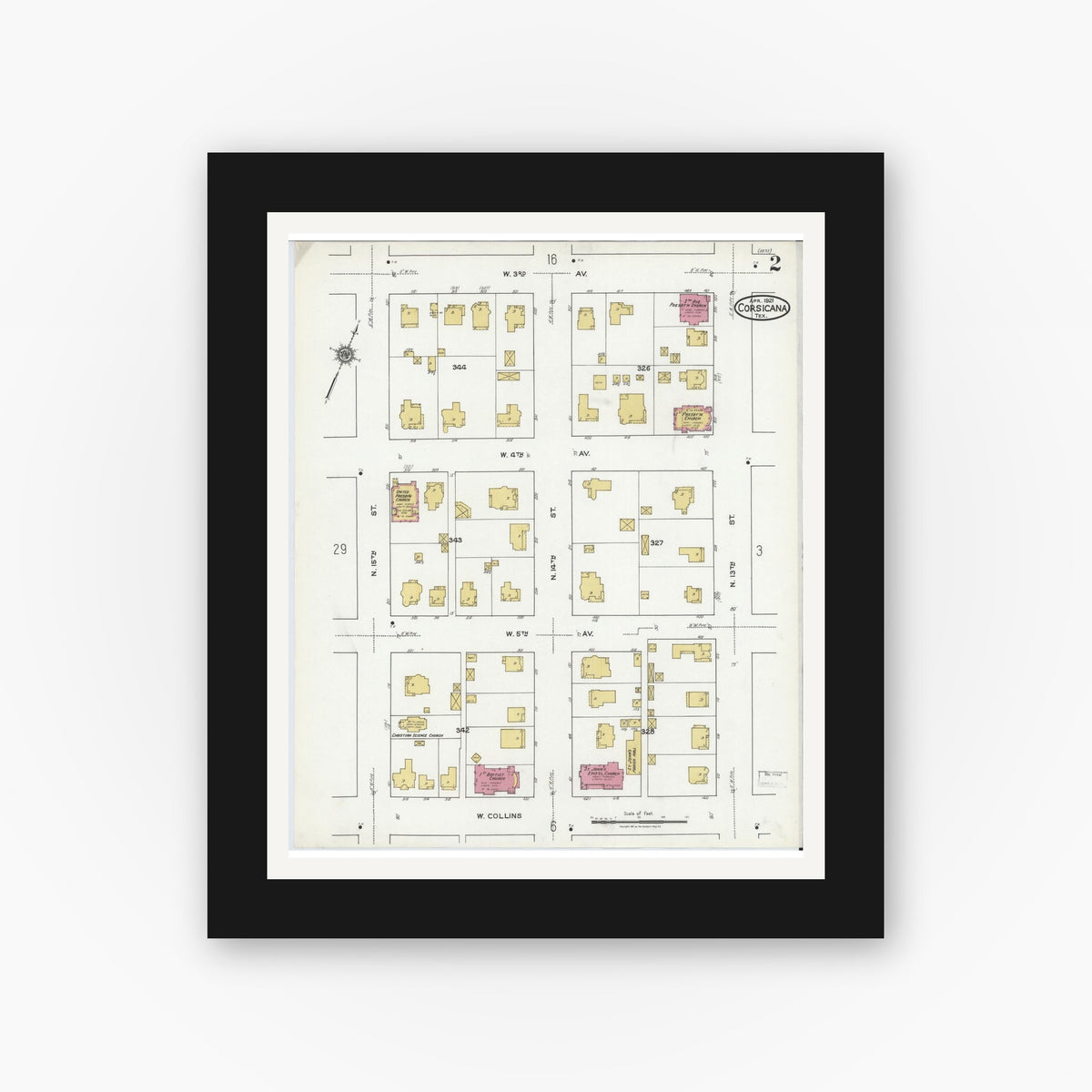 Old map wall art mockup — black gallery frame with white mat — Sanborn Fire Insurance Map from Corsicana, Navarro County, Texas (1921), Sheet #0002