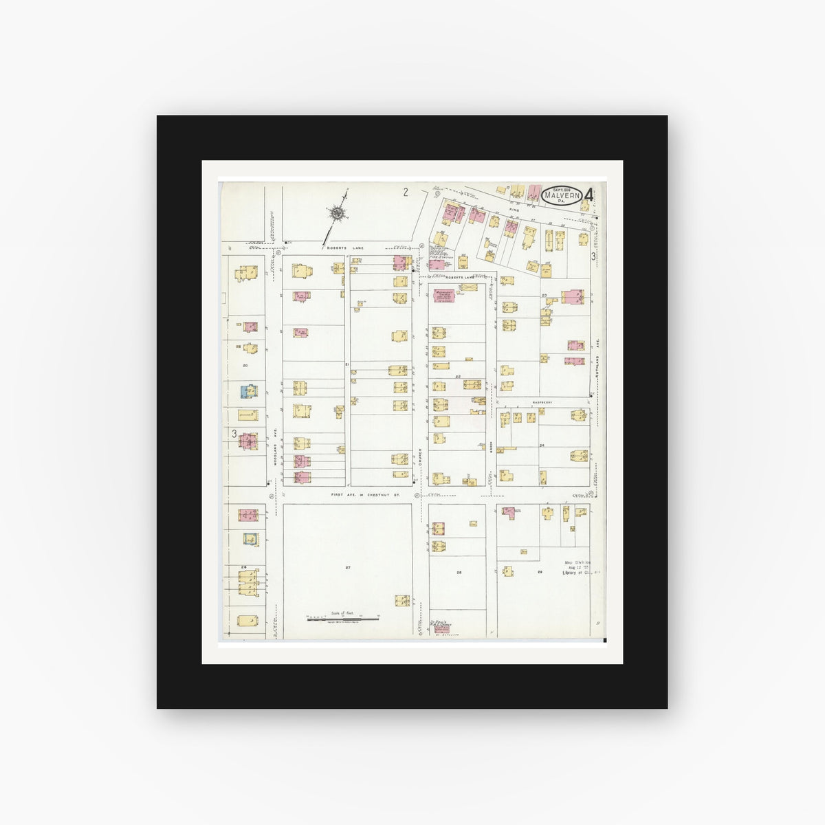 Old map wall art mockup — black gallery frame with white mat — Sanborn Fire Insurance Map from Malvern, Chester County, Pennsylvania (1919), Sheet #0004