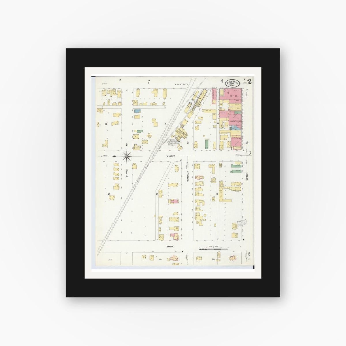 Old map wall art mockup — black gallery frame with white mat — Sanborn Fire Insurance Map from Reed City, Osceola County, Michigan (1908), Sheet #0002