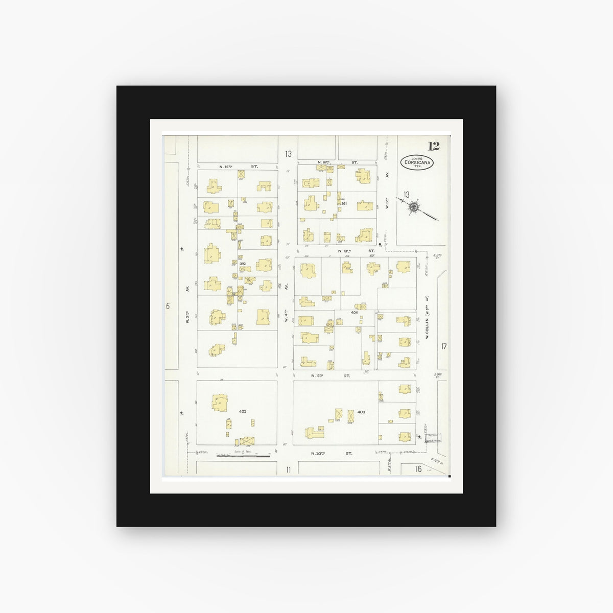 Old map wall art mockup — black gallery frame with white mat — Sanborn Fire Insurance Map from Corsicana, Navarro County, Texas (1910), Sheet #0012