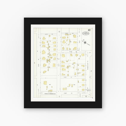 Old map wall art mockup — black gallery frame with white mat — Sanborn Fire Insurance Map from Corsicana, Navarro County, Texas (1910), Sheet #0012