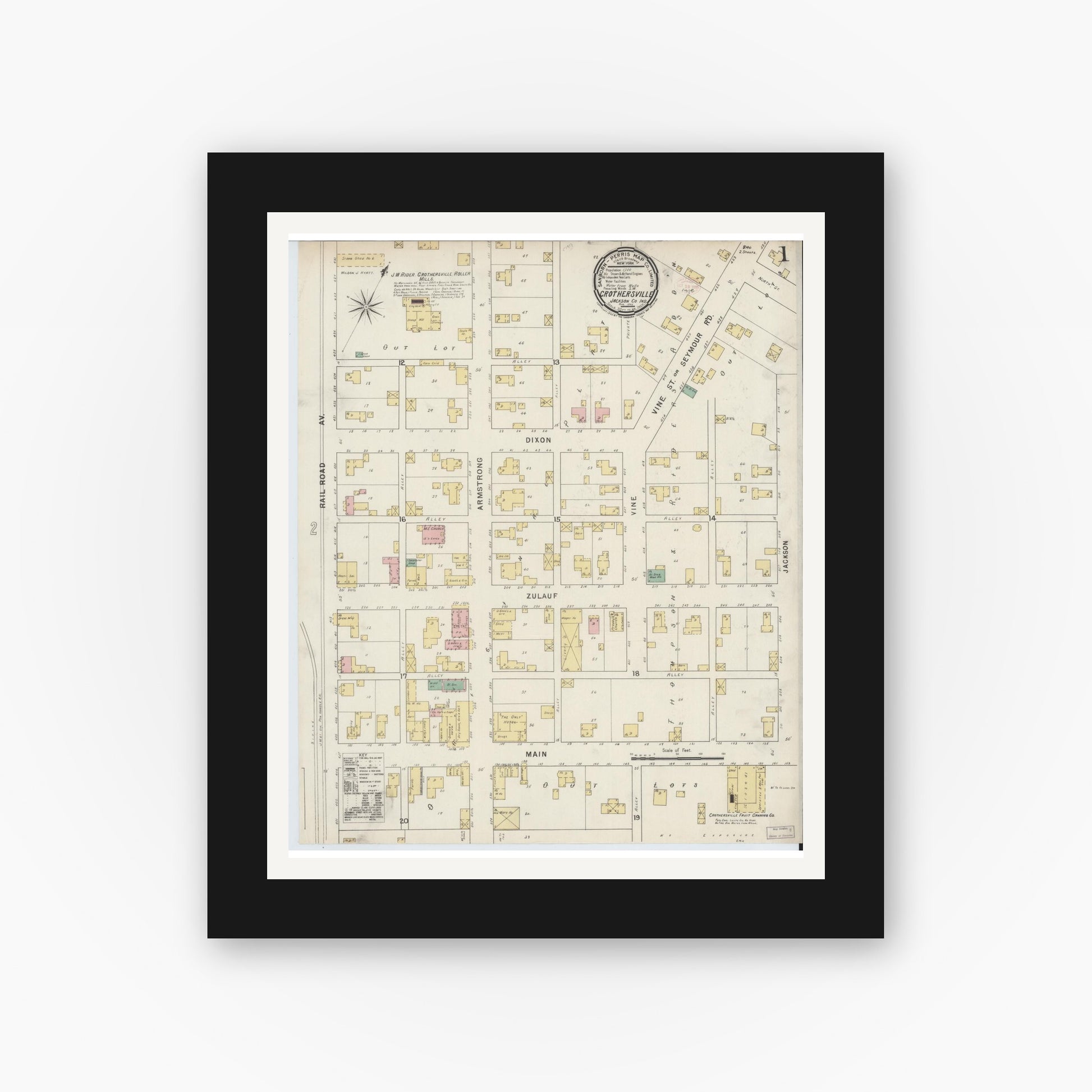 Old map wall art mockup — black gallery frame with white mat — Sanborn Fire Insurance Map from Crothersville, Jackson County, Indiana (1895) - Complete Map Set