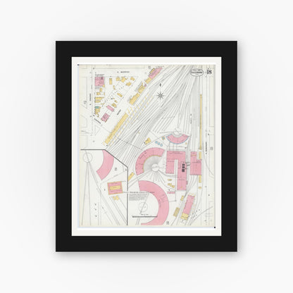 Old map wall art mockup — black gallery frame with white mat — Sanborn Fire Insurance Map from Galesburg, Knox County, Illinois (1906), Sheet #0018