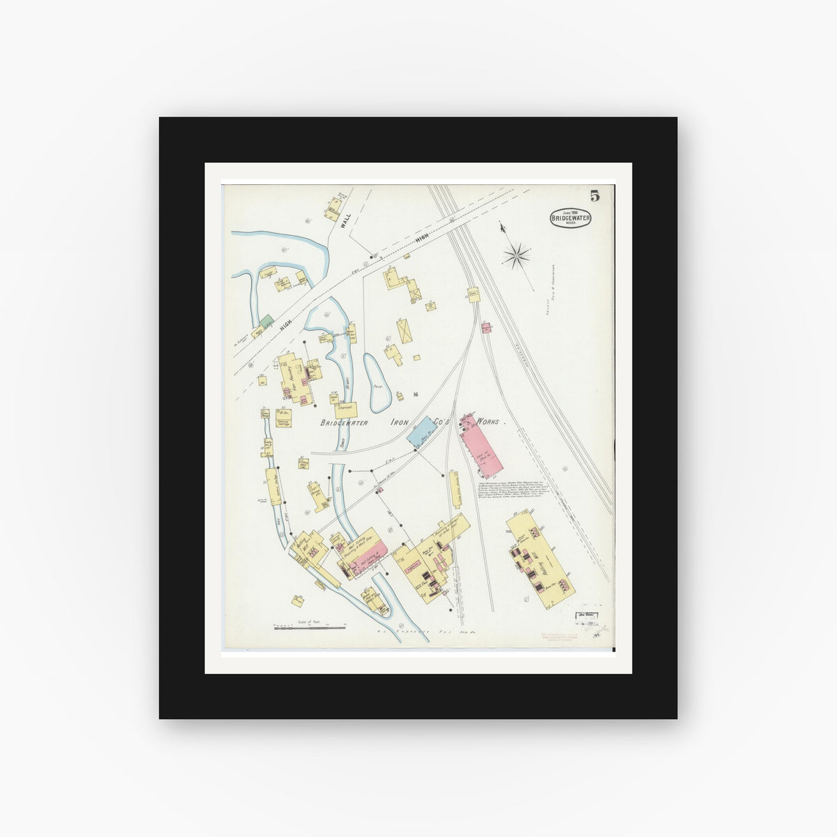 Old map wall art mockup — black gallery frame with white mat — Sanborn Fire Insurance Map from Bridgewater, Plymouth County, Massachusetts (1896), Sheet #0005