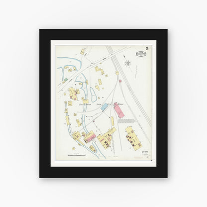 Old map wall art mockup — black gallery frame with white mat — Sanborn Fire Insurance Map from Bridgewater, Plymouth County, Massachusetts (1896), Sheet #0005