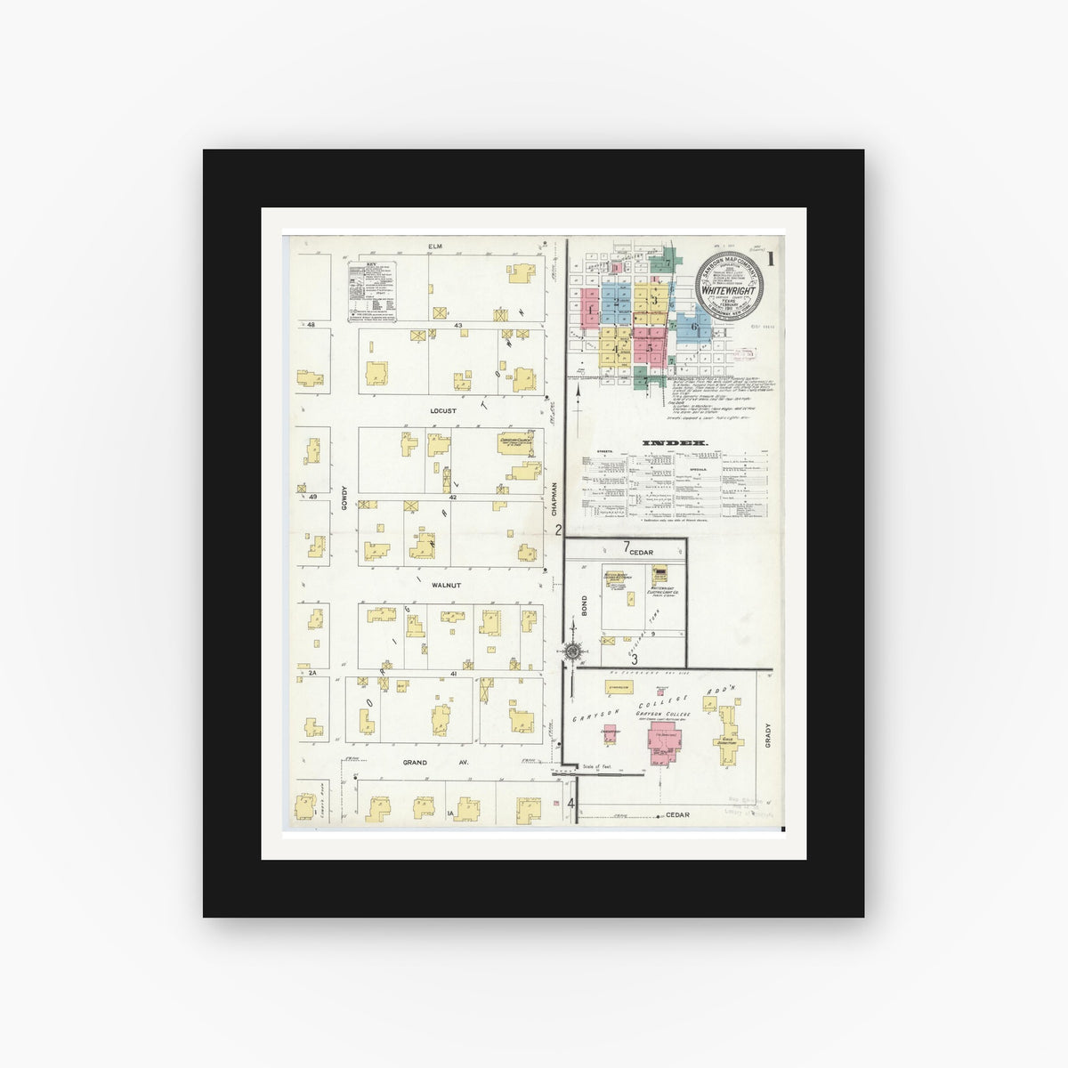 Old map wall art mockup — black gallery frame with white mat — Sanborn Fire Insurance Map from Whitewright, Grayson County, Texas (1911) - Complete Map Set