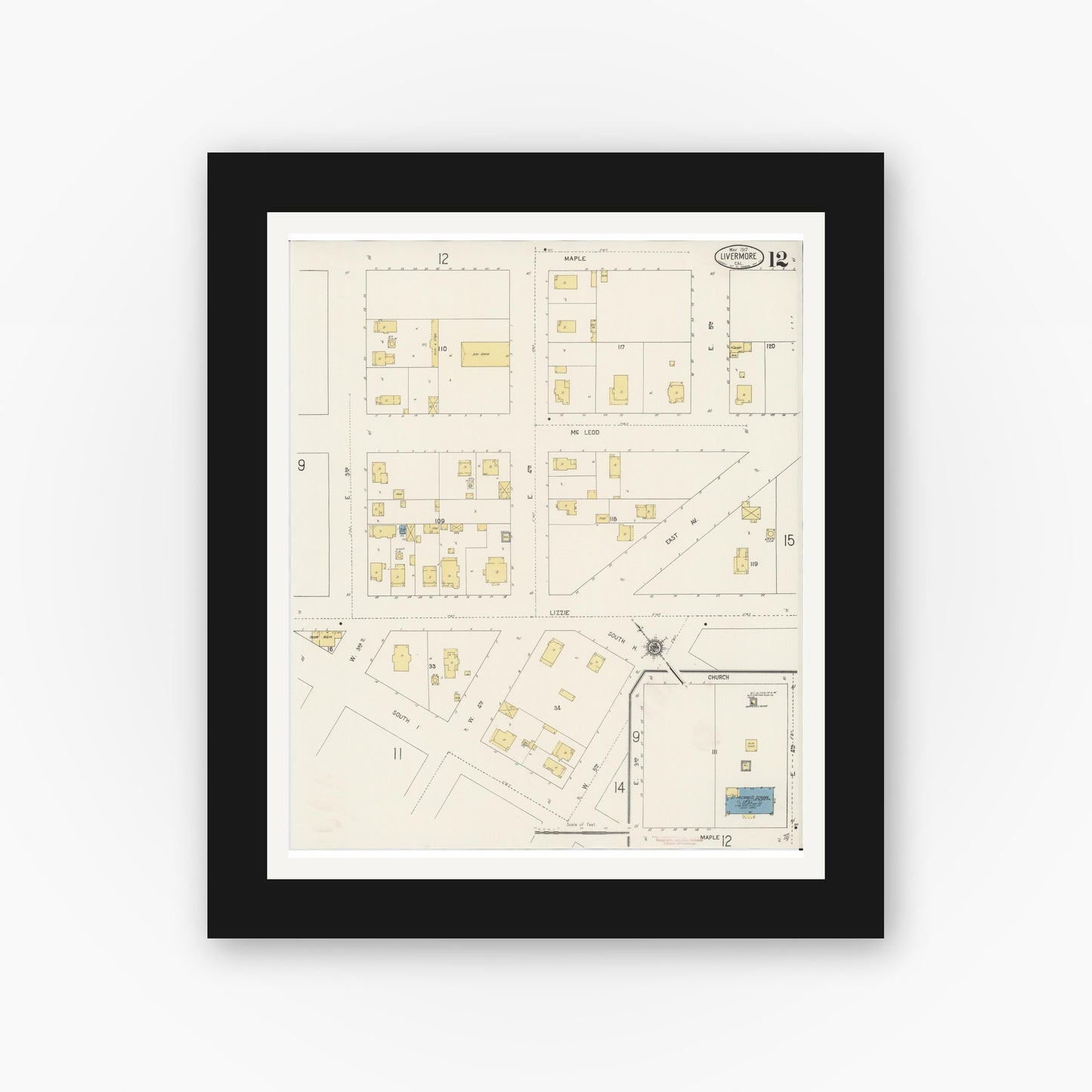 Old map wall art mockup — black gallery frame with white mat — Sanborn Fire Insurance Map from Livermore, Alameda County, California (1917), Sheet #0012