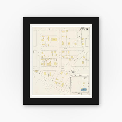 Old map wall art mockup — black gallery frame with white mat — Sanborn Fire Insurance Map from Livermore, Alameda County, California (1917), Sheet #0012