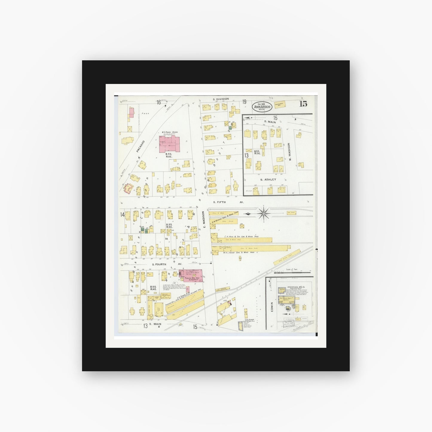 Old map wall art mockup — black gallery frame with white mat — Sanborn Fire Insurance Map from Ann Arbor, Washtenaw County, Michigan (1908), Sheet #0015