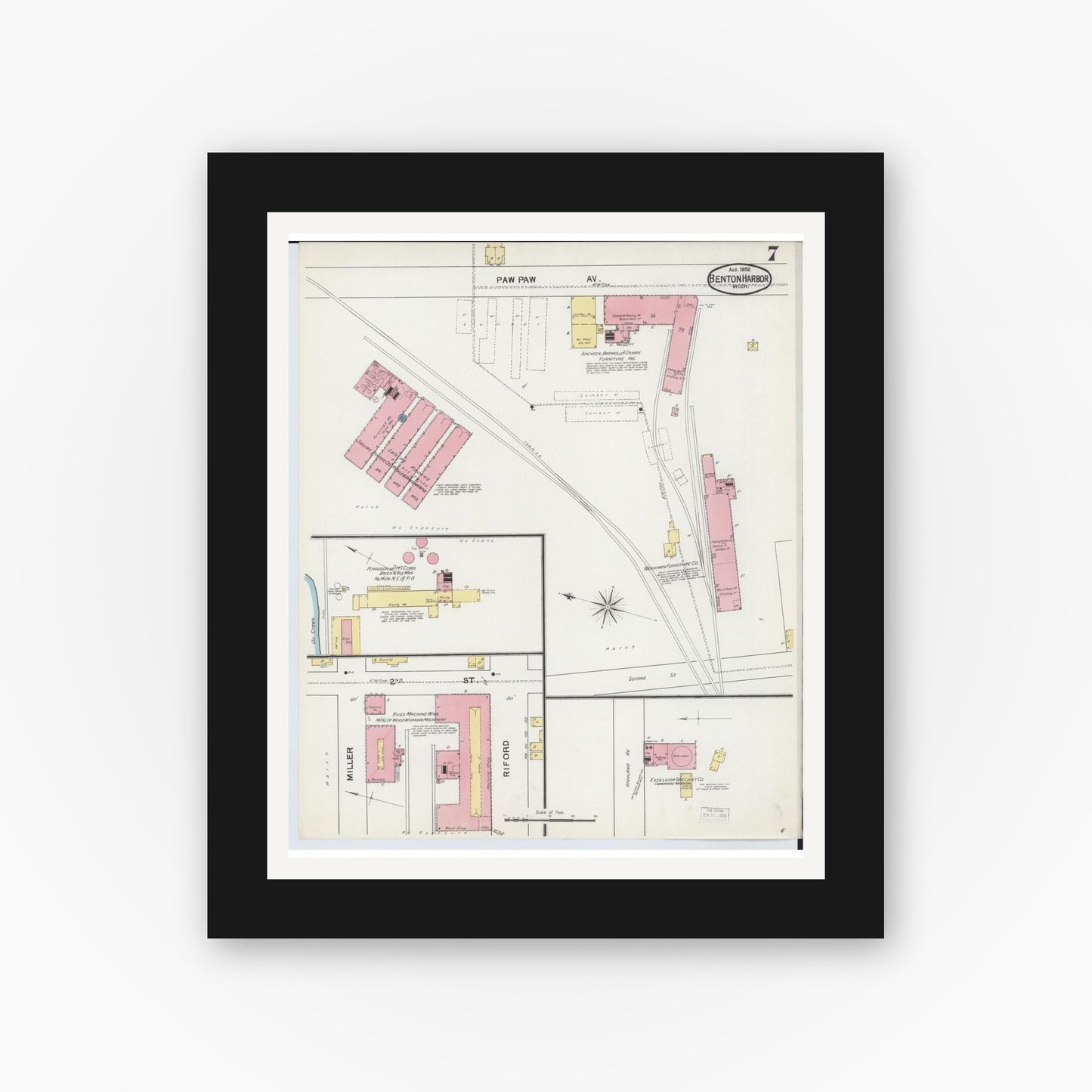 Old map wall art mockup — black gallery frame with white mat — Sanborn Fire Insurance Map from Benton Harbor, Berrien County, Michigan (1892), Sheet #0007