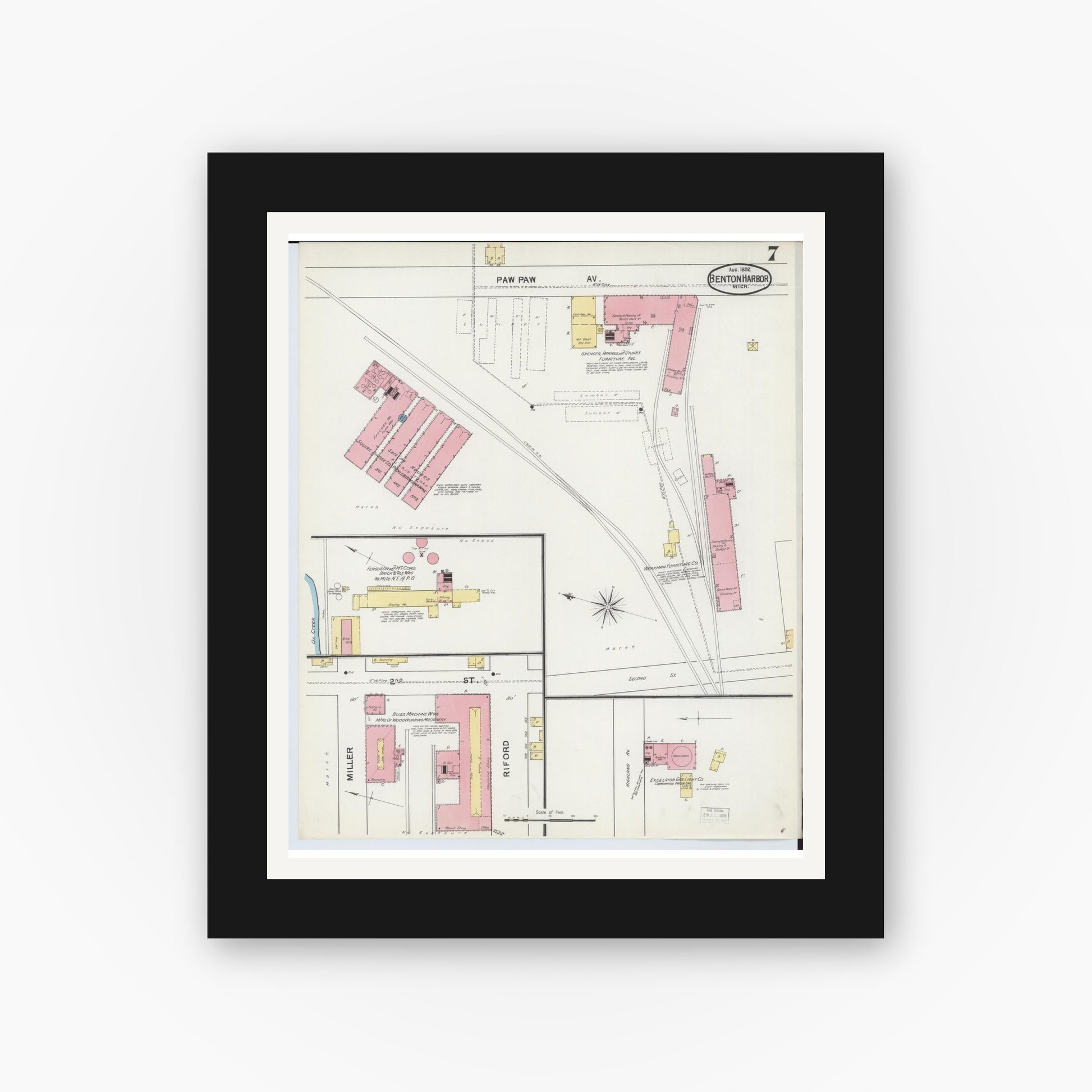 Old map wall art mockup — black gallery frame with white mat — Sanborn Fire Insurance Map from Benton Harbor, Berrien County, Michigan (1892), Sheet #0007