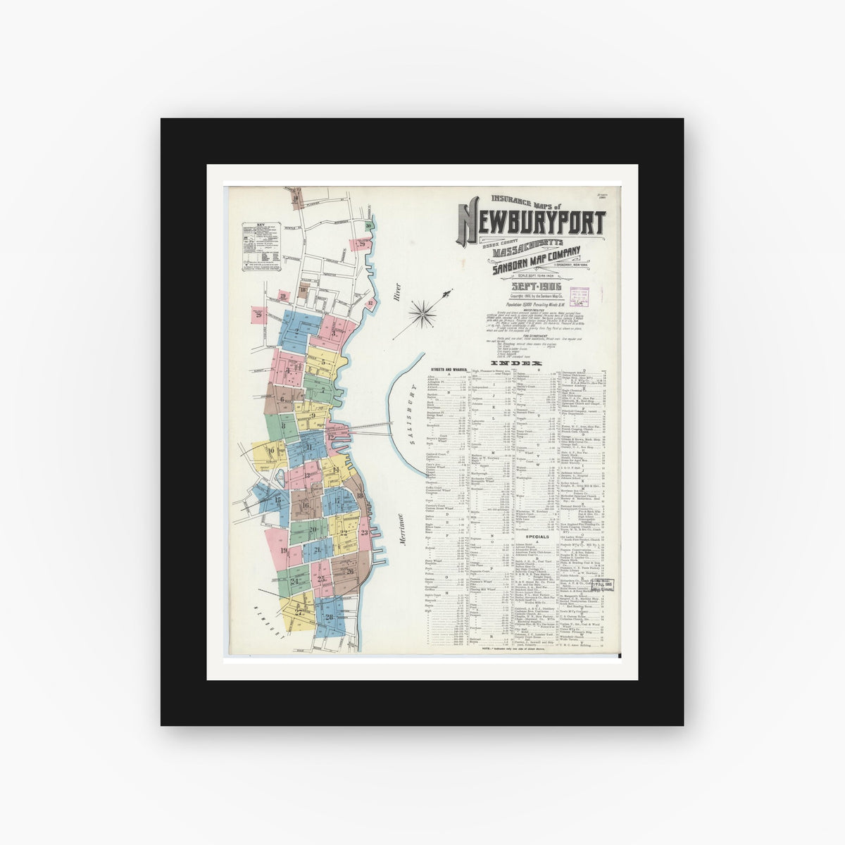 Old map wall art mockup — black gallery frame with white mat — Sanborn Fire Insurance Map from Newburyport, Essex County, Massachusetts (1906), Sheet #0001