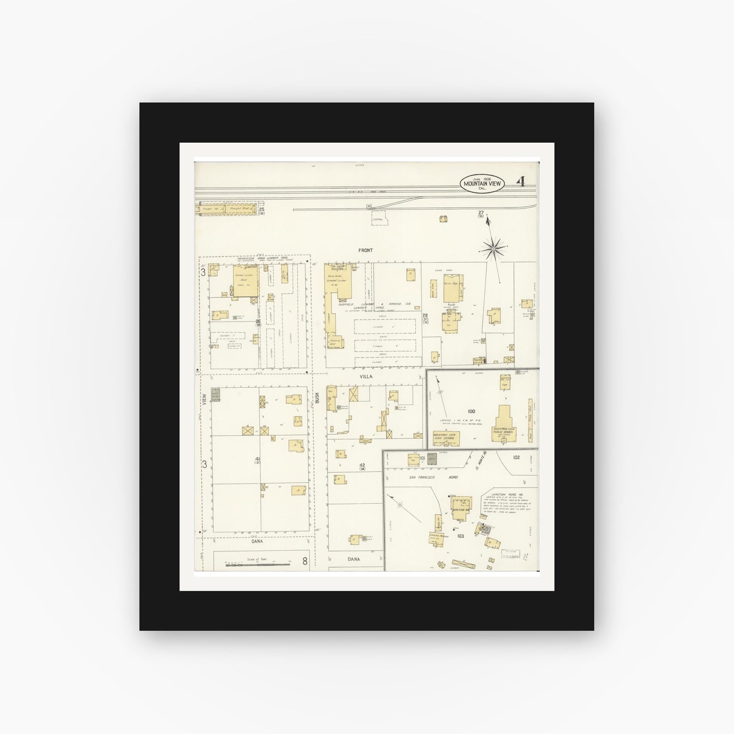 Old map wall art mockup — black gallery frame with white mat — Sanborn Fire Insurance Map from Mountain View, Santa Clara County, California (1908), Sheet #0004