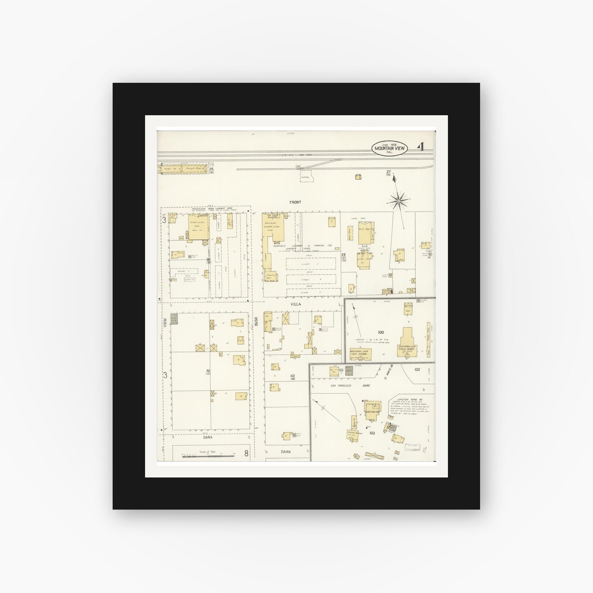 Old map wall art mockup — black gallery frame with white mat — Sanborn Fire Insurance Map from Mountain View, Santa Clara County, California (1908), Sheet #0004