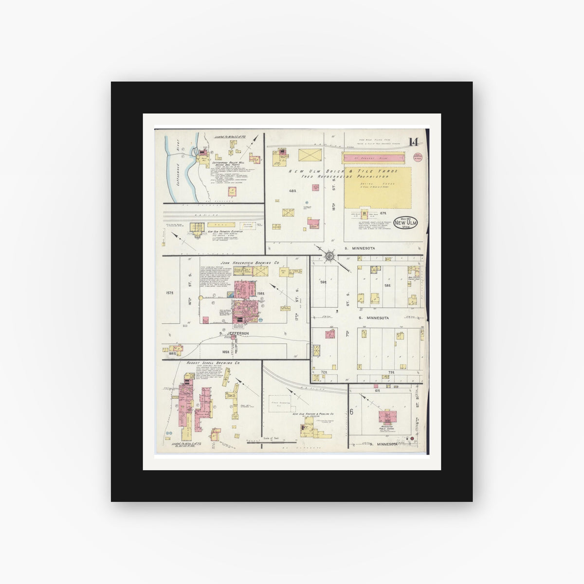 Old map wall art mockup — black gallery frame with white mat — Sanborn Fire Insurance Map from New Ulm, Brown County, Minnesota (1913), Sheet #0014