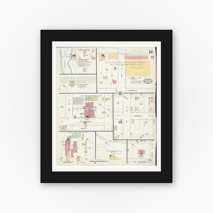 Old map wall art mockup — black gallery frame with white mat — Sanborn Fire Insurance Map from New Ulm, Brown County, Minnesota (1913), Sheet #0014